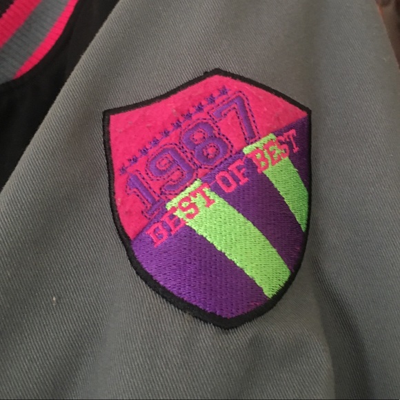 Black, gray and pink puffy varsity jacket. - Picture 3 of 5